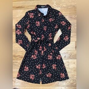 Allegra K Pink & Black Floral Polka Dot Knee Length Long Sleeve Dress Women’s XS